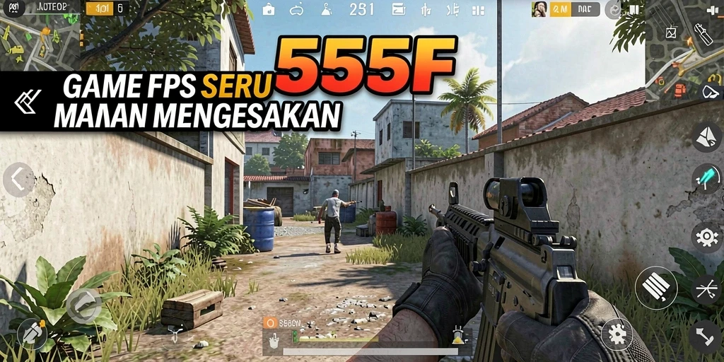 Gameplay intens di dalam pertempuran FPS 555F yang seru.