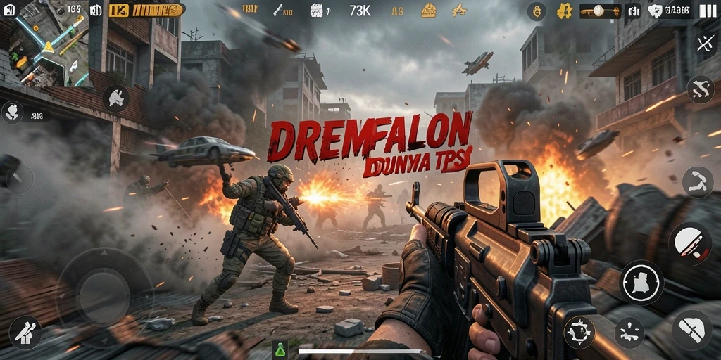 Screenshot gameplay 73K menunjukkan aksi tembak-menembak yang menegangkan.
