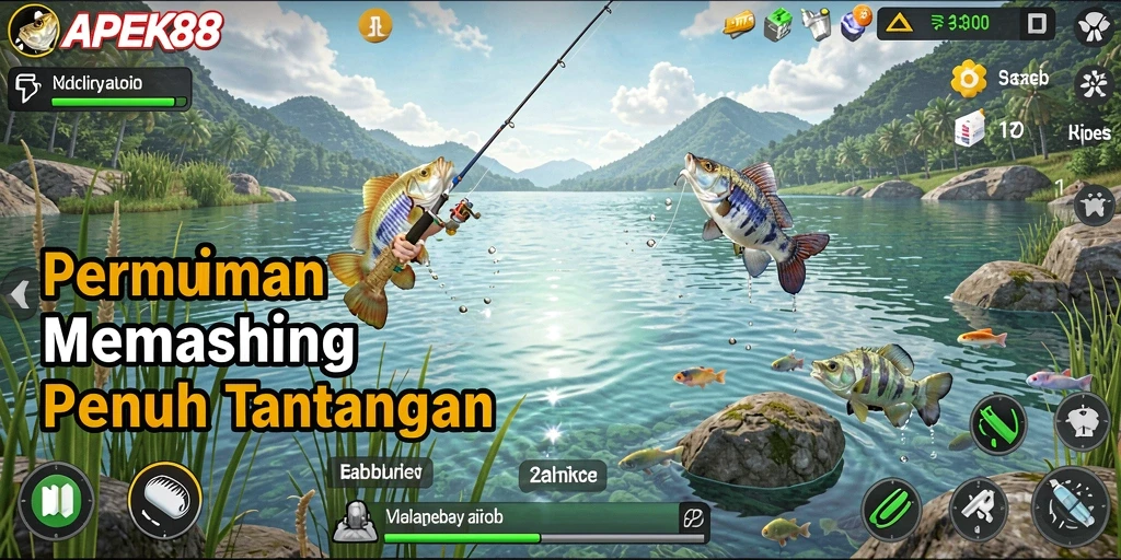 Screenshot gameplay APEK88 menampilkan aksi memancing yang seru.