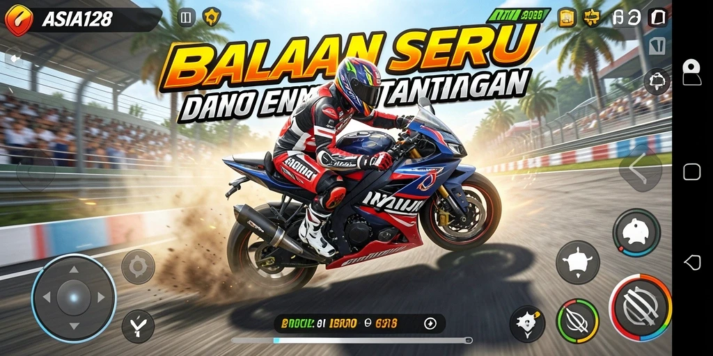 Tampilan gameplay menegangkan dari ASIA128 saat balapan motor.