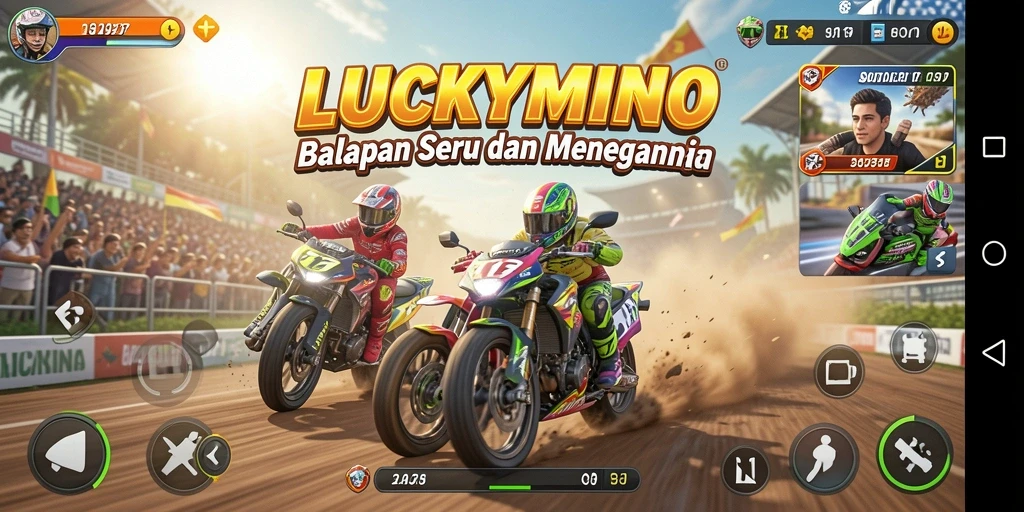 Screenshot LUCKYMINO menampilkan aksi balapan yang mendebarkan.