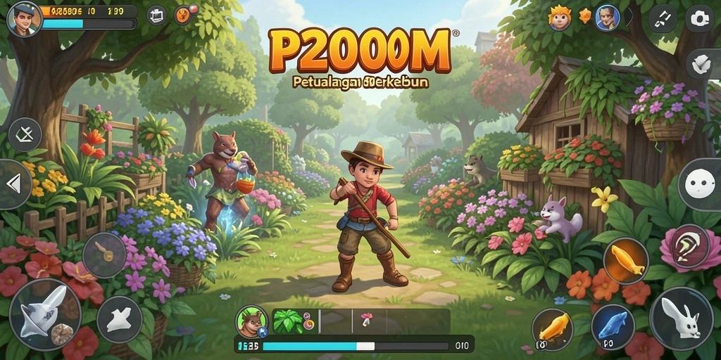 Screenshot gameplay P200M menampilkan suasana berkebun yang vibrant dan penuh warna.