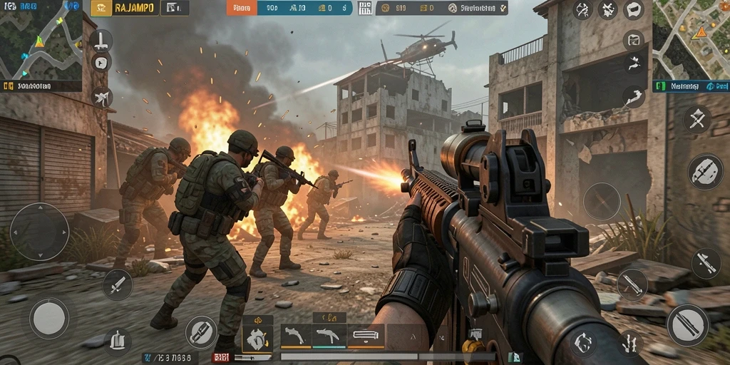 Screenshot gameplay RAJAMPO menampilkan aksi tembak-tembakan yang intens.