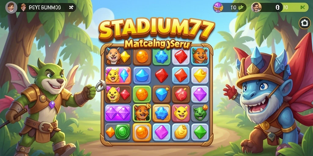 Screenshot gameplay STADIUM77 yang menampilkan level Match-3 yang seru.