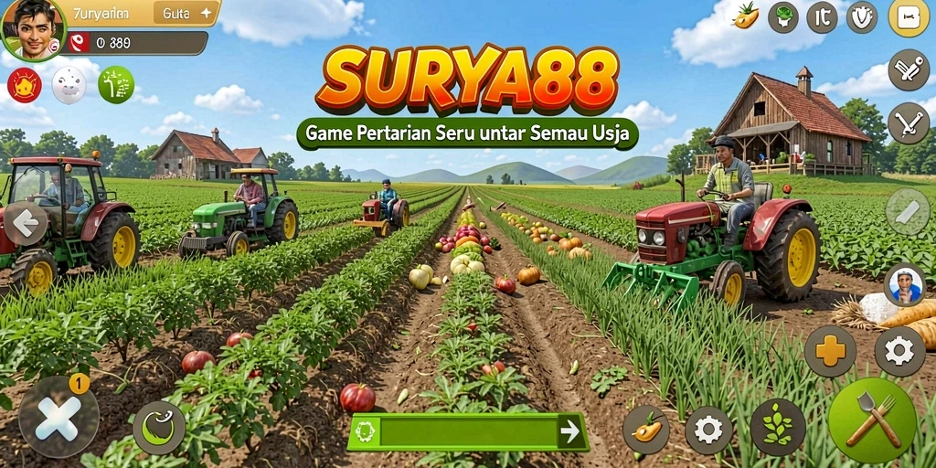 Tampilan gameplay <strong>SURYA88</strong> yang menggambarkan aktivitas bertani yang menyenangkan.
